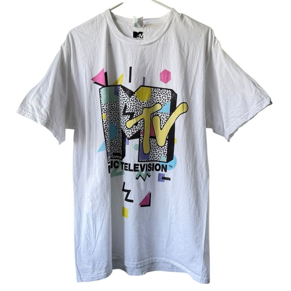 MTV Size Large Retro Shape Design Logo Graphic T-Shirt Cotton White 90' y2k